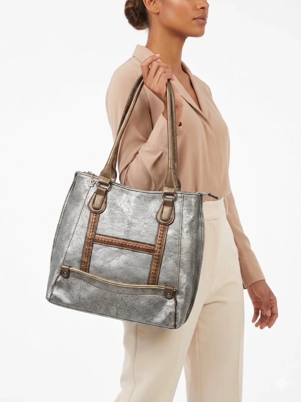 Limelight Metallic Silver Tote Bag, Brown Trim, Braided Detail & Floral Lining - Picture 1 of 16